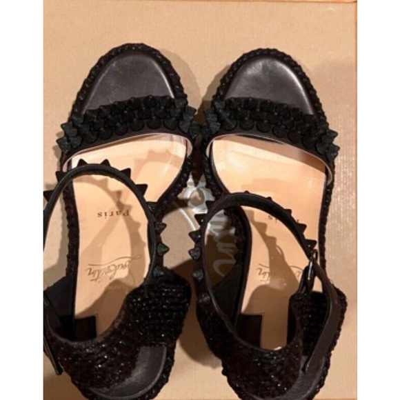 Christian Louboutin $745 Lata 110 Calf Black Spiked Wedges Red Bottoms Size 36 - Picture 7 of 9